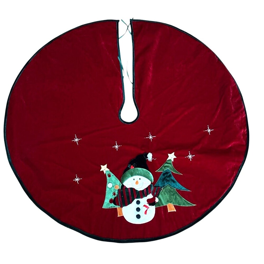 48” Dark Red Maroon velvet Christmas tree skirt Applique snowman